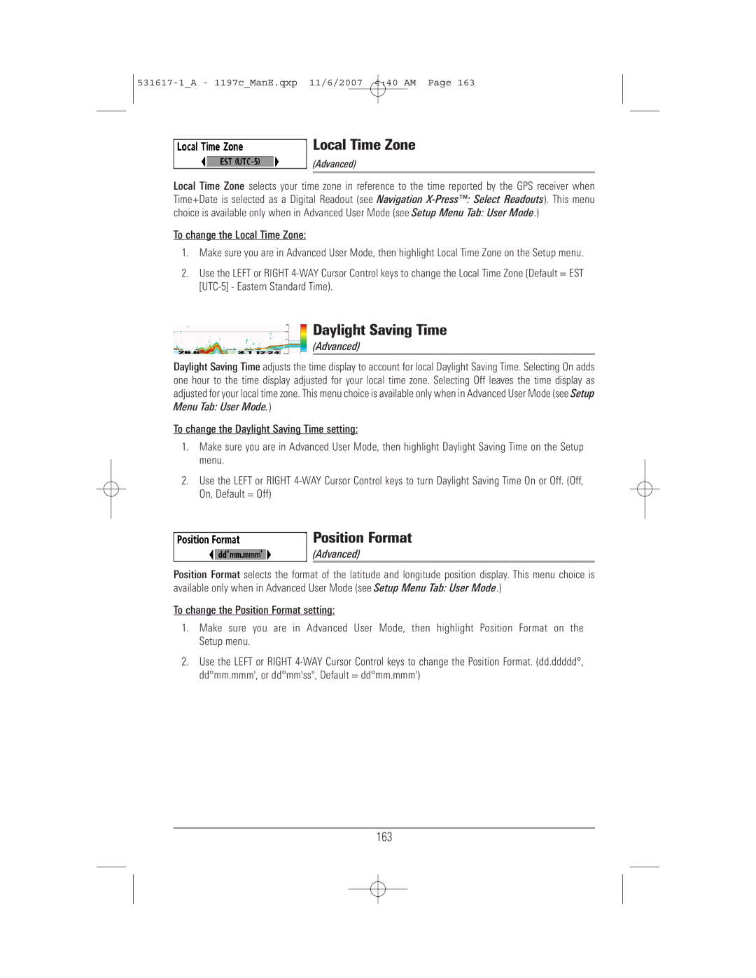 Humminbird 1197C SI warranty Local Time Zone, Daylight Saving Time, Position Format, 163 
