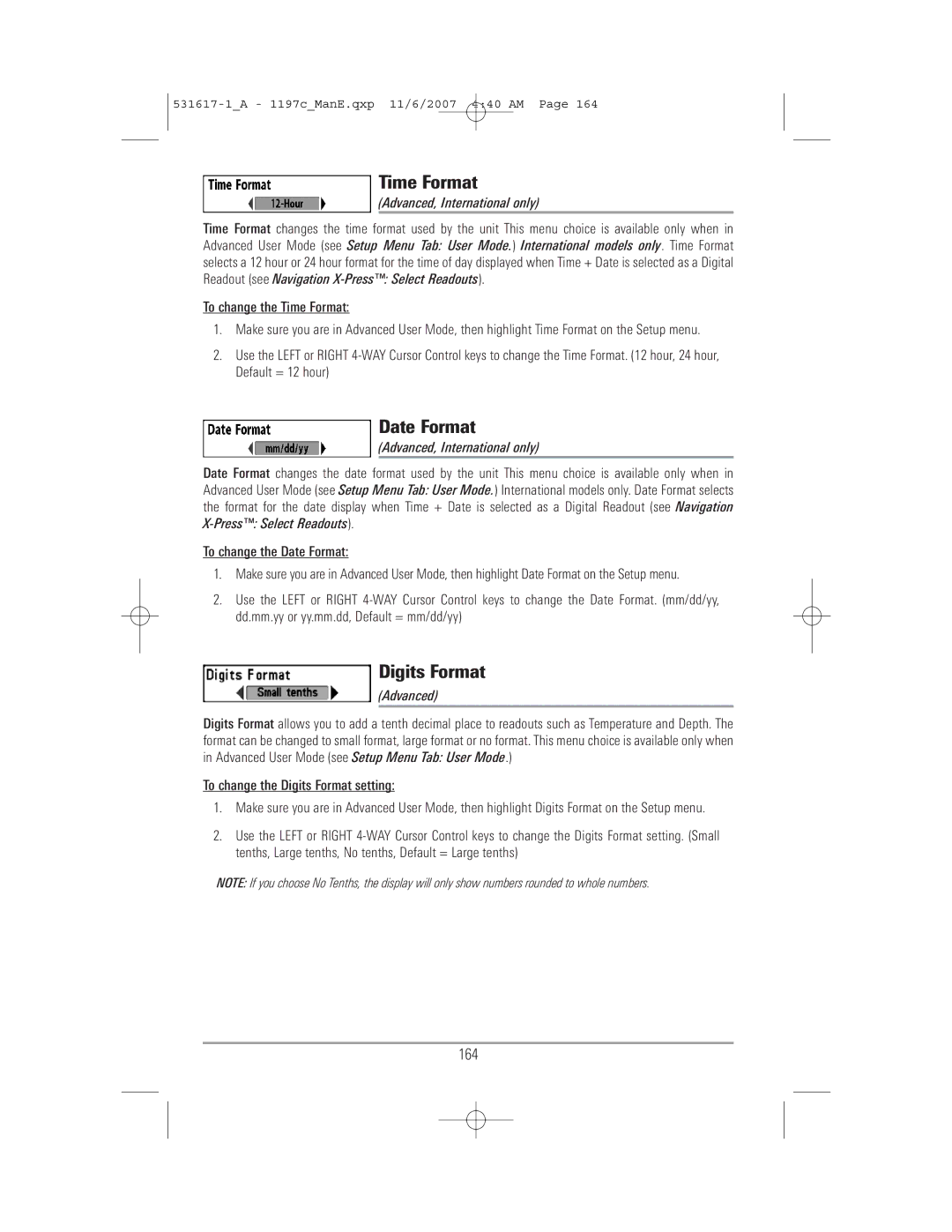 Humminbird 1197C SI warranty Time Format, Date Format, Digits Format, 164, Advanced, International only 