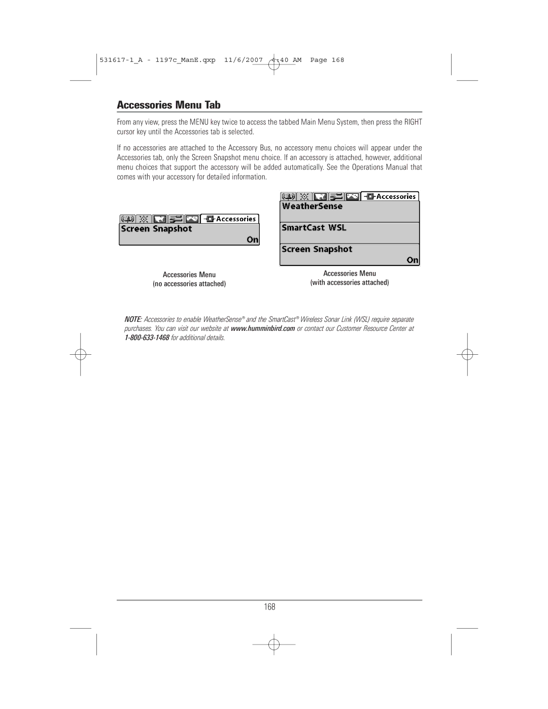 Humminbird 1197C SI warranty Accessories Menu Tab, 168 