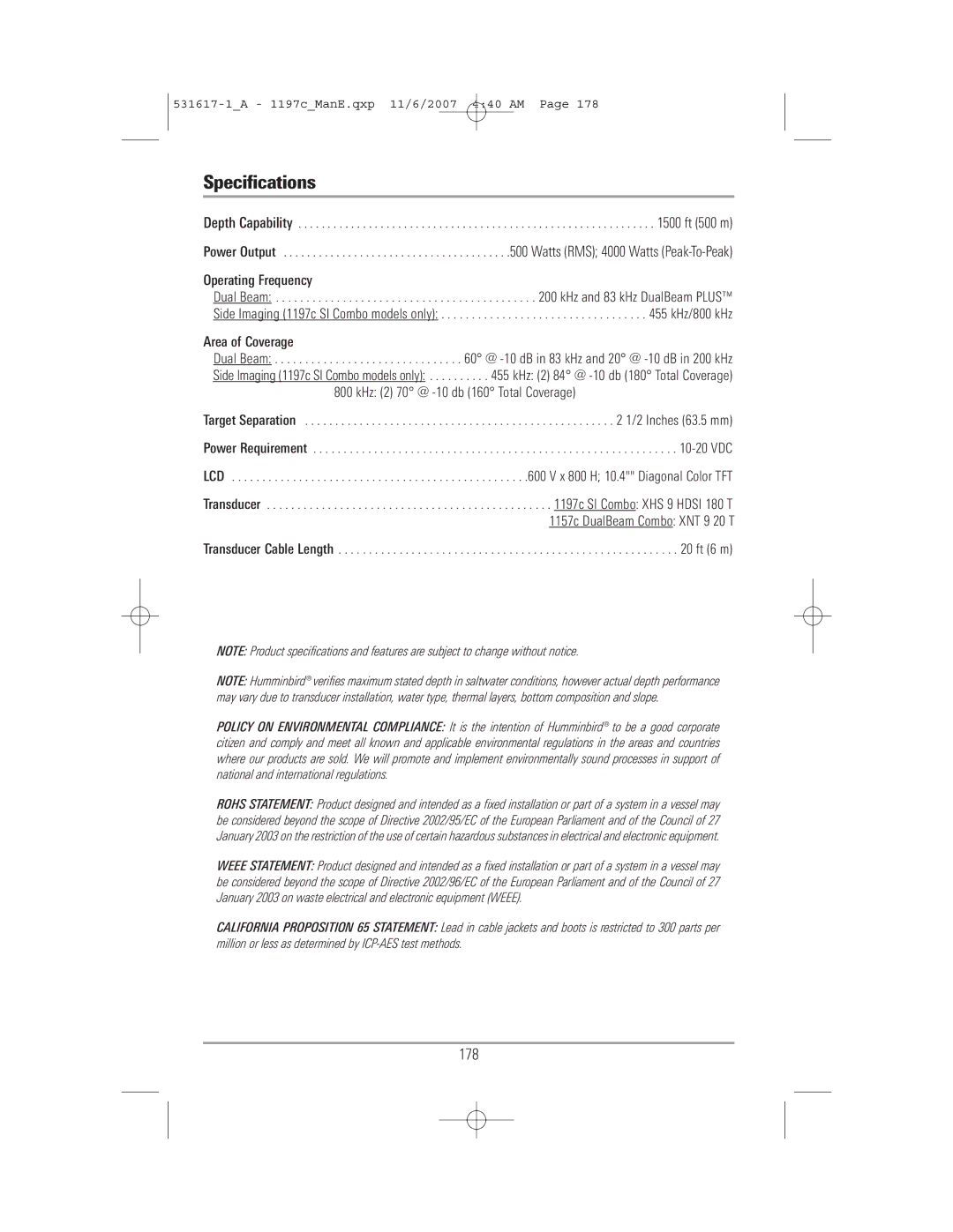 Humminbird 1197C SI warranty Specifications, 178 