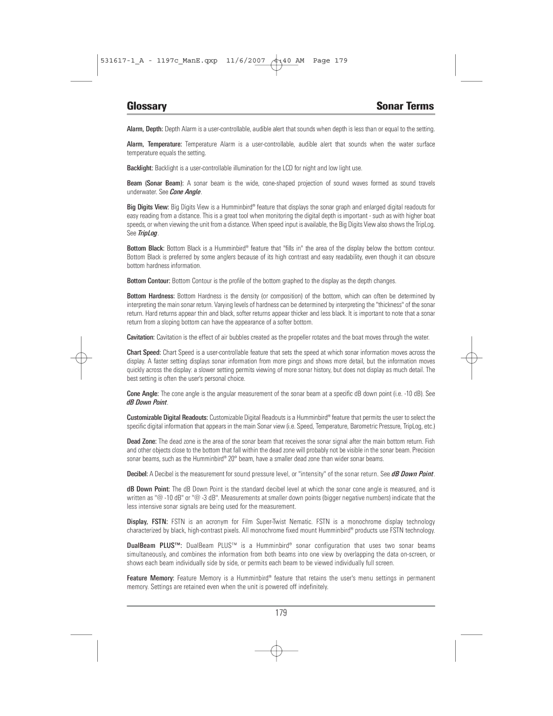 Humminbird 1197C SI warranty Glossary, 179 