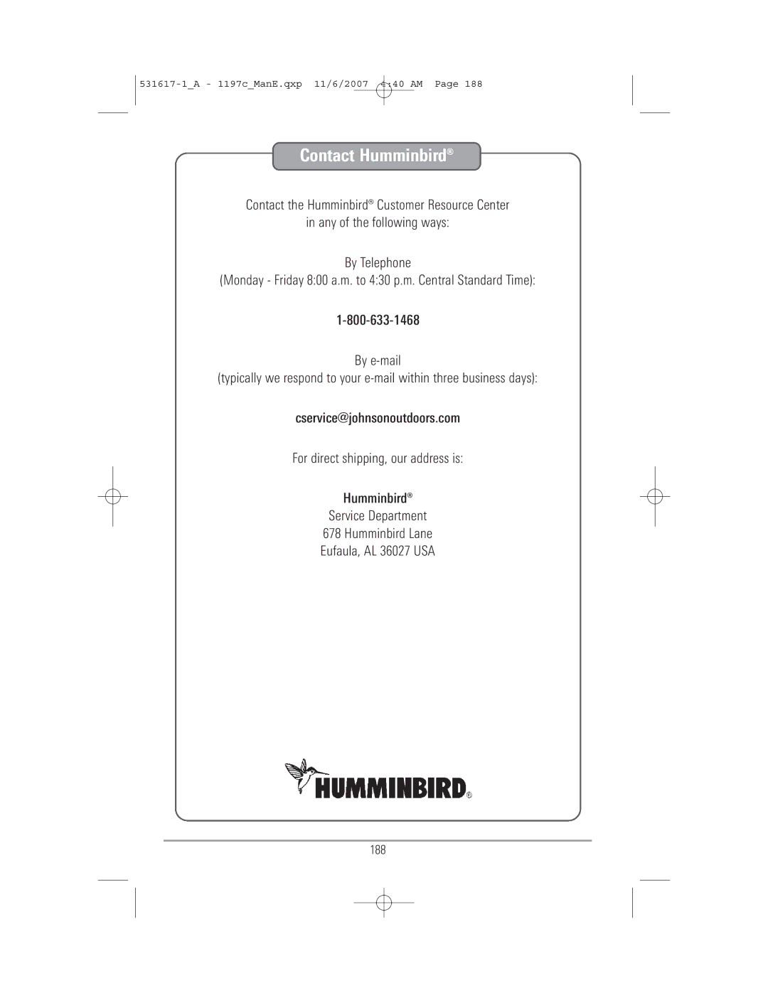 Humminbird 1197C SI warranty Contact Humminbird, 188 