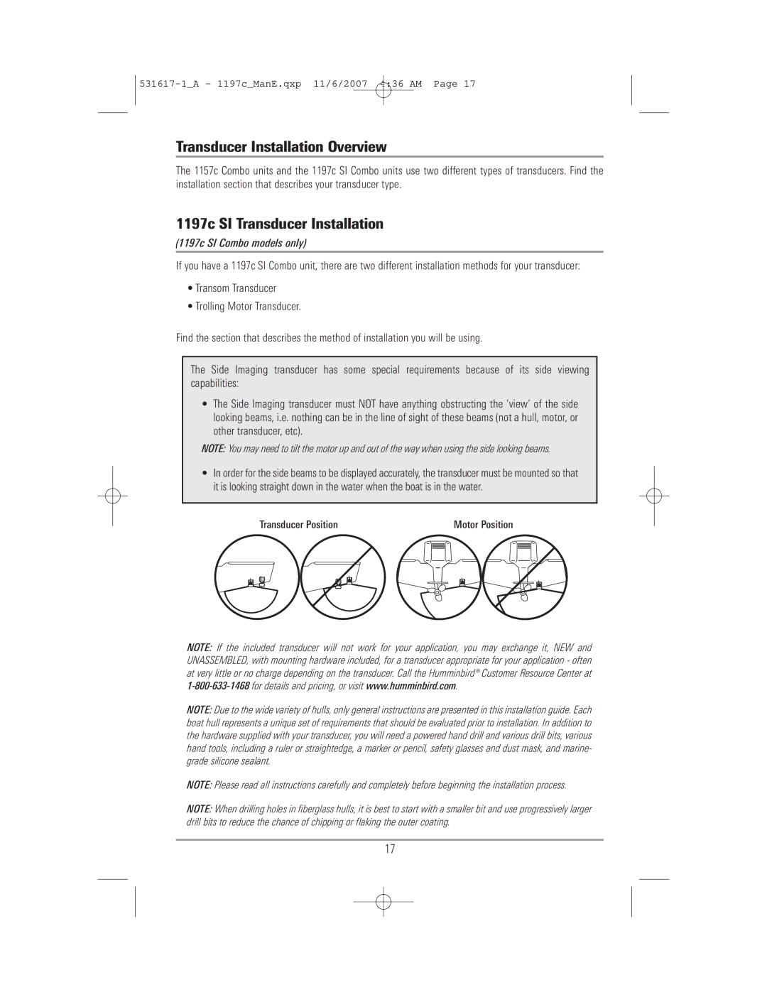 Humminbird 1197C SI warranty Transducer Installation Overview, 1197c SI Transducer Installation 