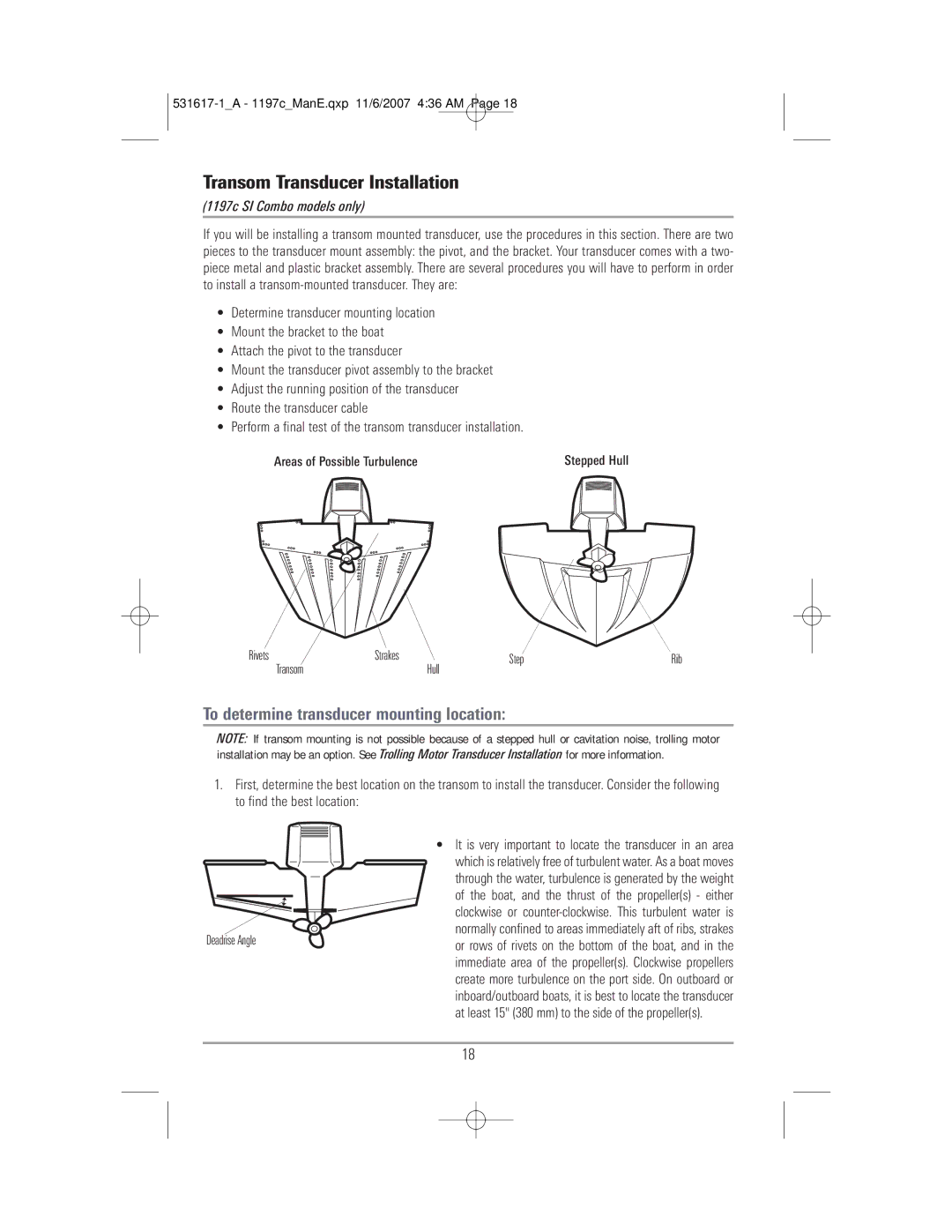 Humminbird 1197C SI warranty Transom Transducer Installation, To determine transducer mounting location 