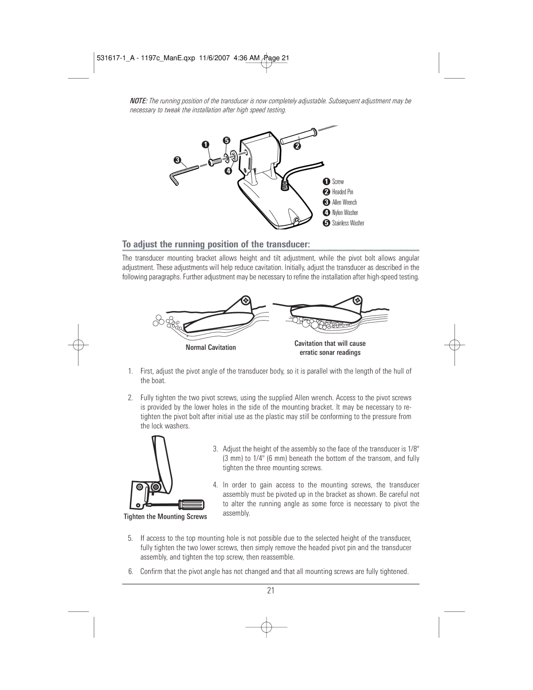 Humminbird 1197C SI warranty To adjust the running position of the transducer 