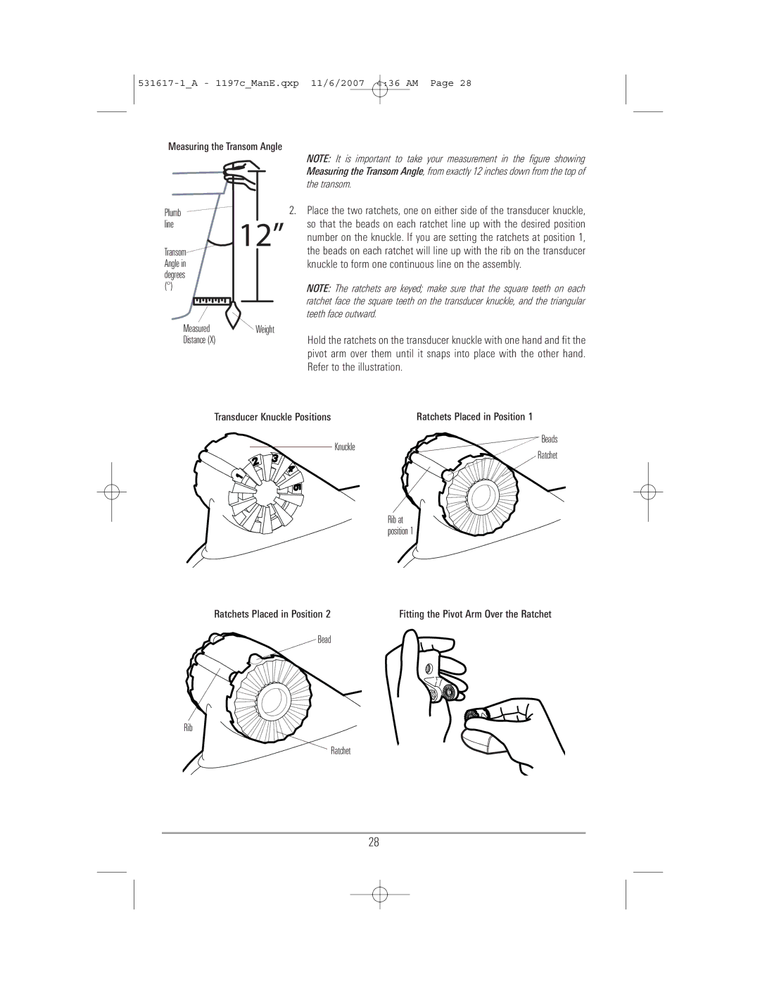 Humminbird 1197C SI warranty Knuckle to form one continuous line on the assembly 