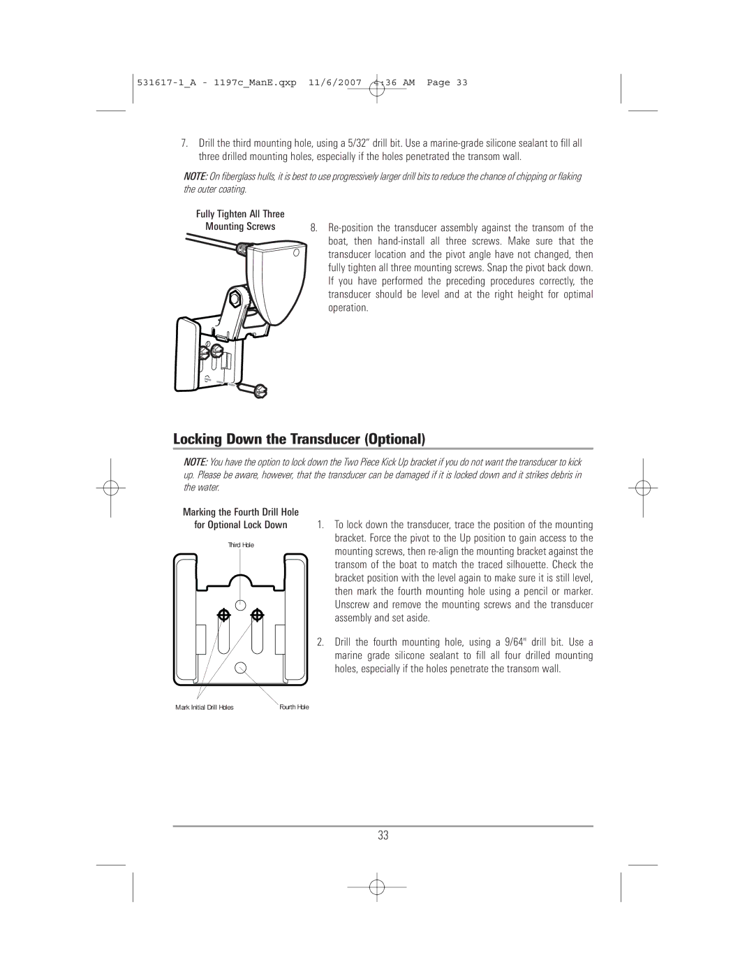 Humminbird 1197C SI warranty Locking Down the Transducer Optional 