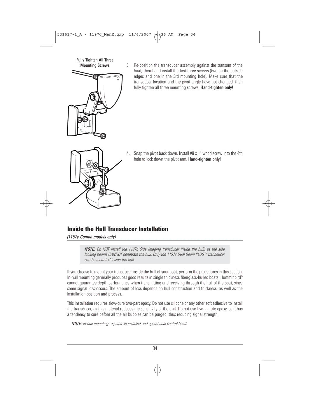 Humminbird 1197C SI warranty Inside the Hull Transducer Installation, 1157c Combo models only 