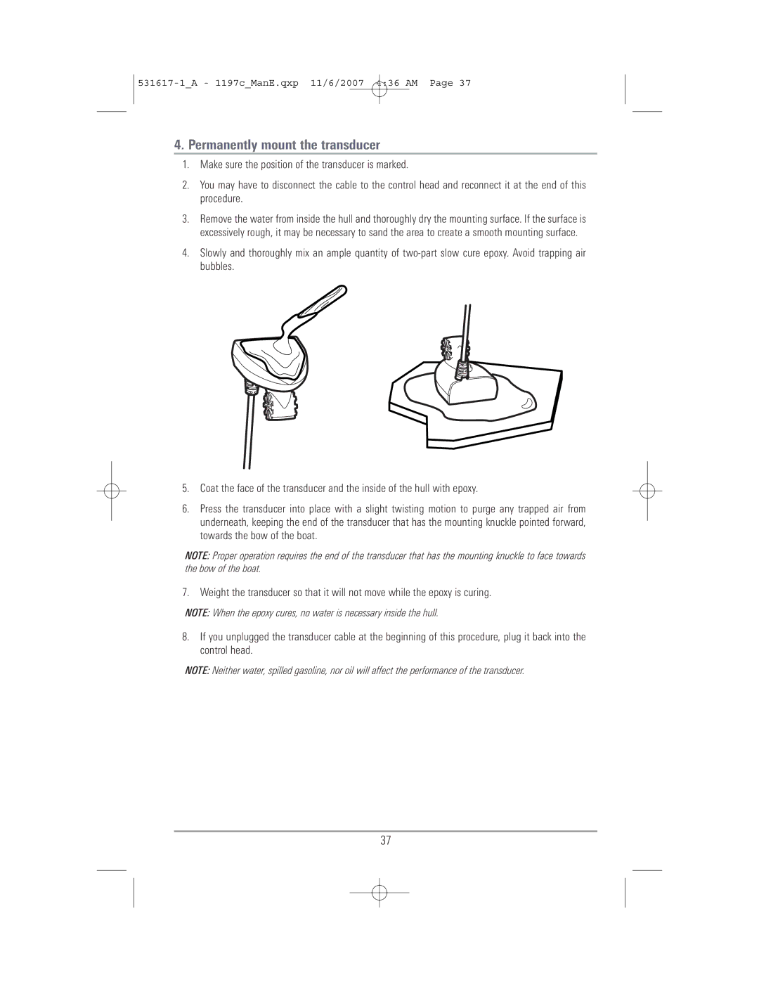 Humminbird 1197C SI warranty Permanently mount the transducer 