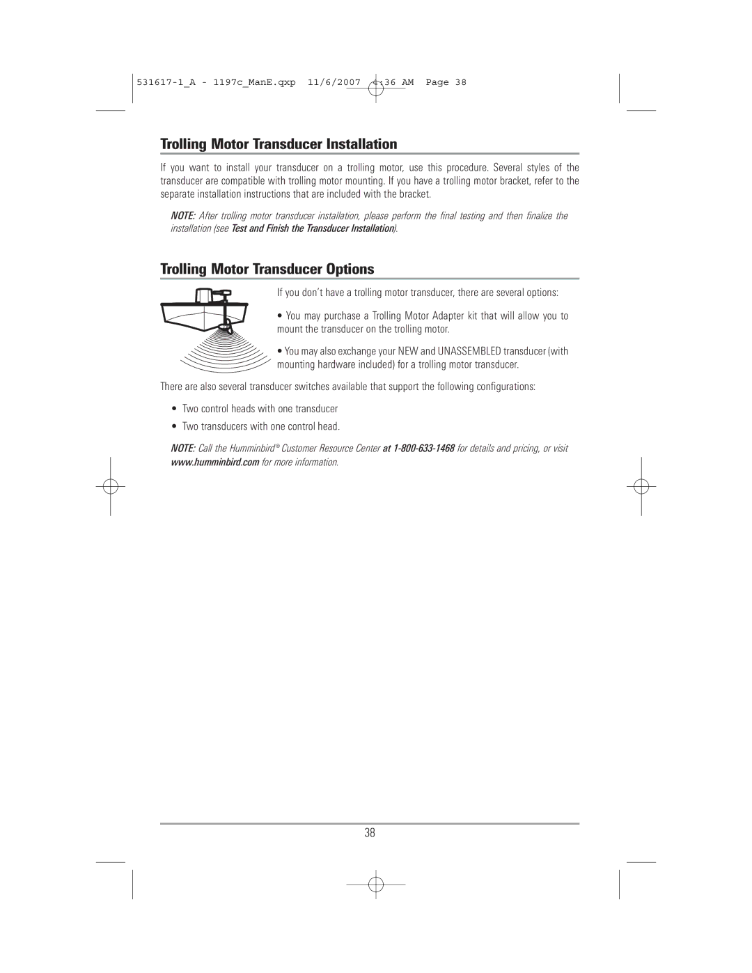 Humminbird 1197C SI warranty Trolling Motor Transducer Installation, Trolling Motor Transducer Options 