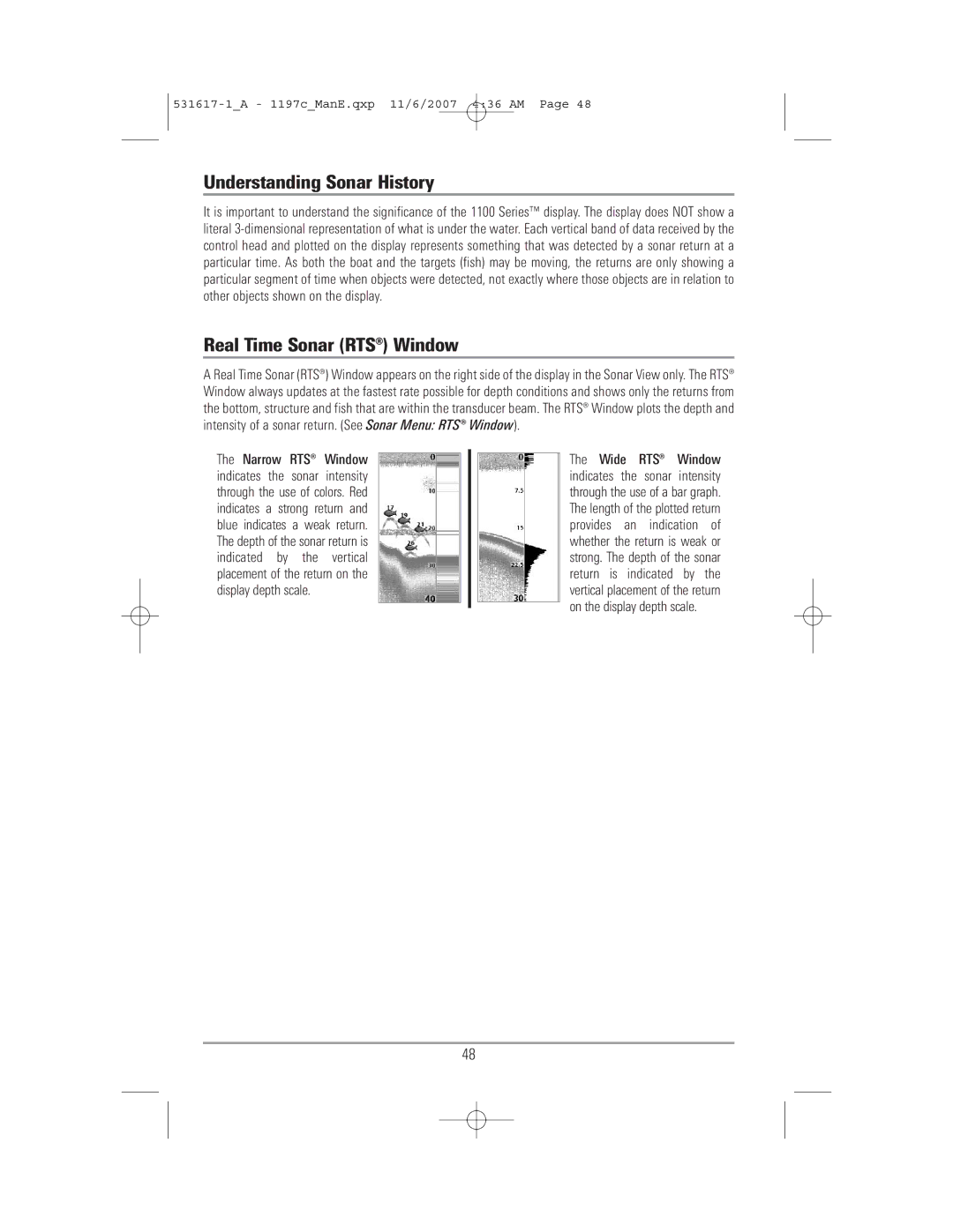 Humminbird 1197C SI warranty Understanding Sonar History, Real Time Sonar RTS Window 