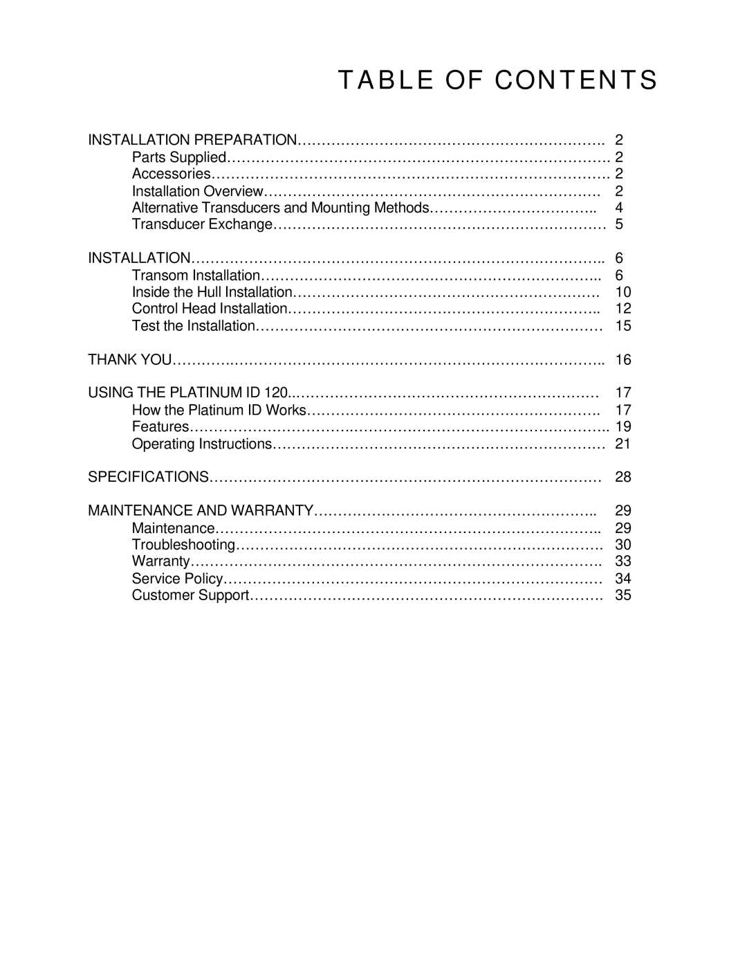 Humminbird 120 manual Table of Contents 