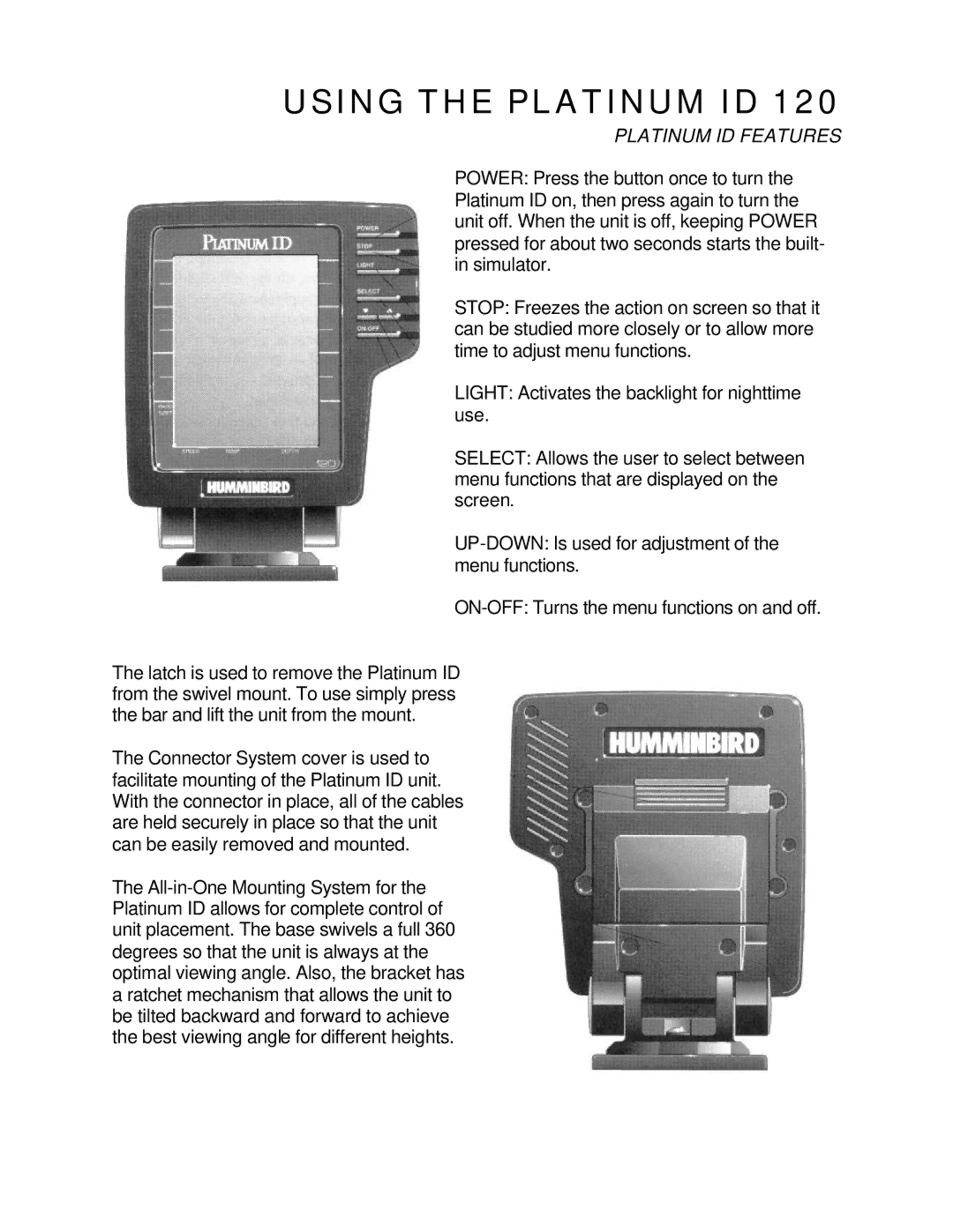 Humminbird 120 manual Platinum ID Features 