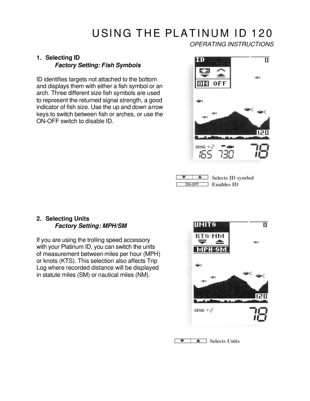 Humminbird 120 manual Factory Setting Fish Symbols, Factory Setting MPH/SM 