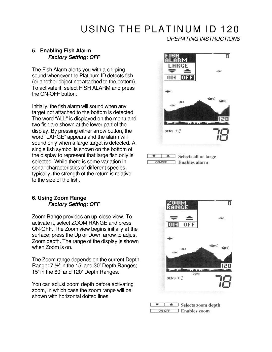 Humminbird 120 manual Enabling Fish Alarm Factory Setting OFF 