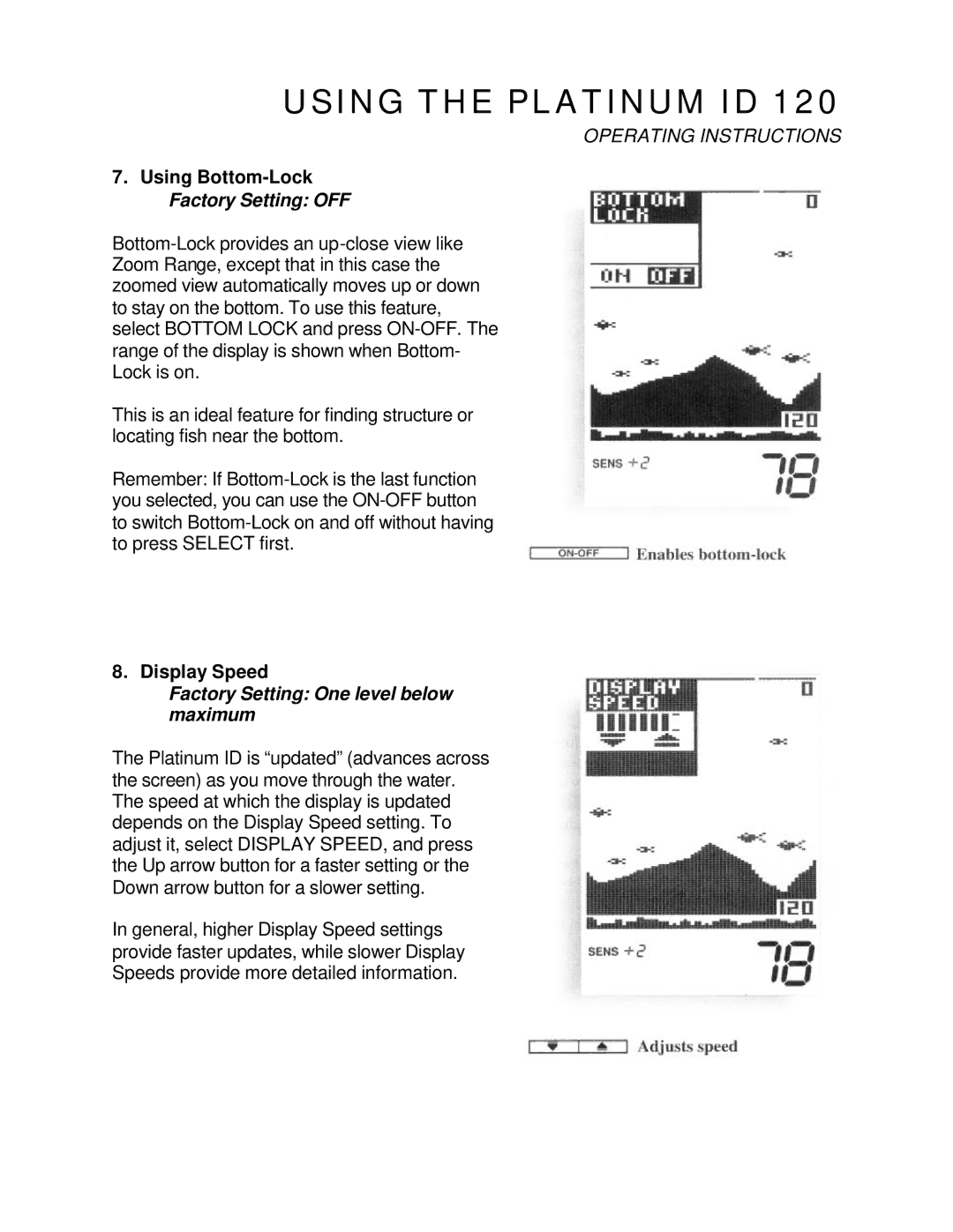 Humminbird 120 manual Using Bottom-Lock Factory Setting OFF, Factory Setting One level below maximum 