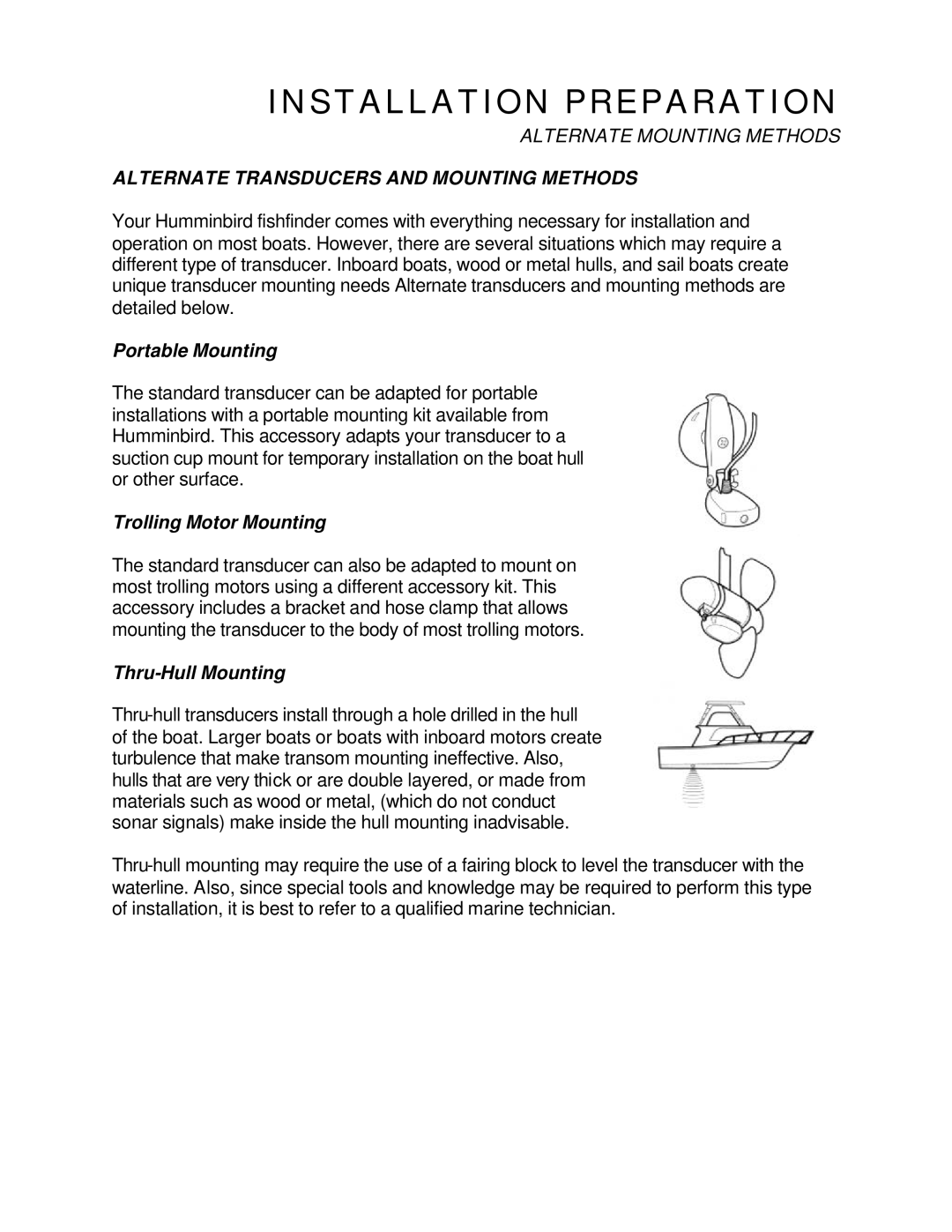 Humminbird 120 Alternate Transducers and Mounting Methods, Portable Mounting, Trolling Motor Mounting, Thru-Hull Mounting 