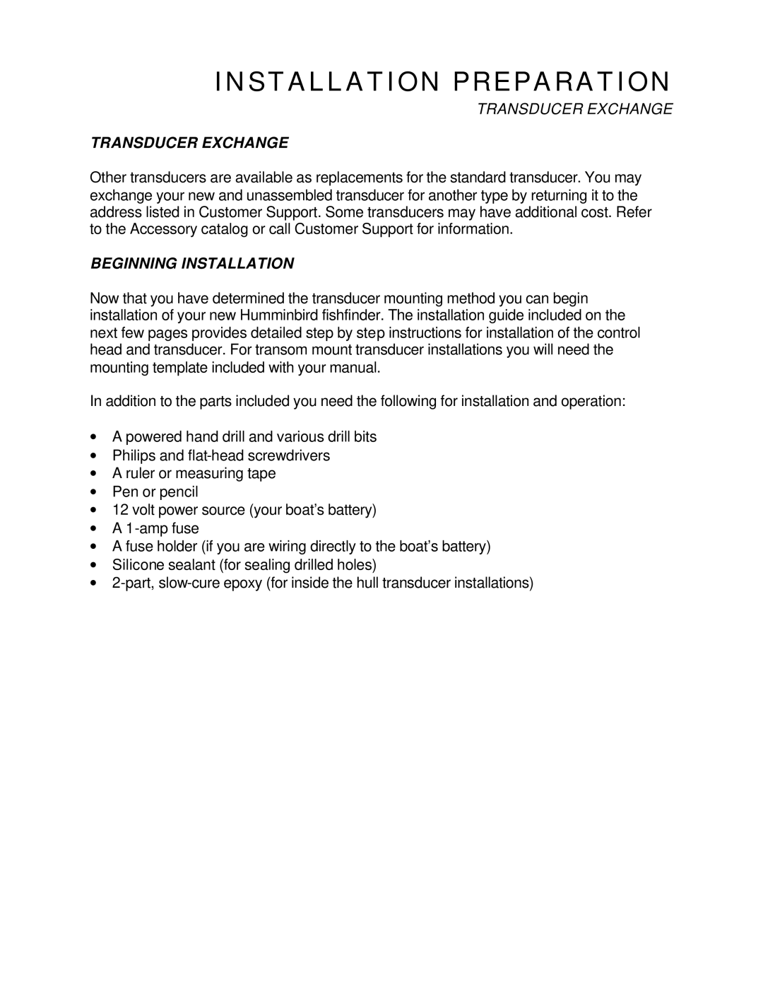 Humminbird 120 manual Transducer Exchange, Beginning Installation 