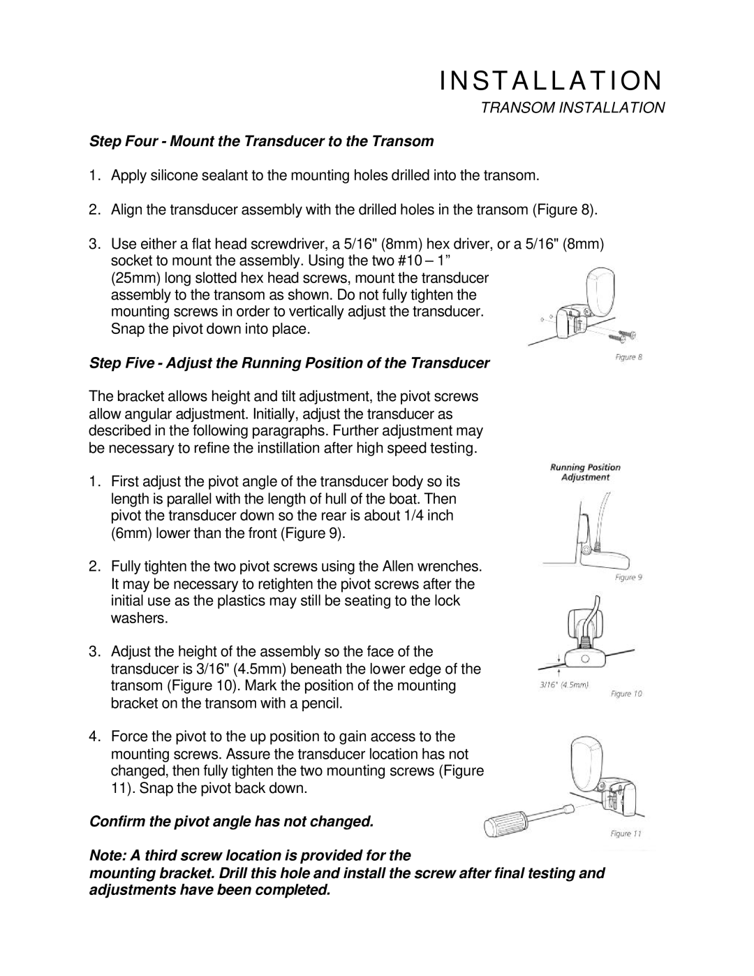 Humminbird 120 Step Four Mount the Transducer to the Transom, Step Five Adjust the Running Position of the Transducer 