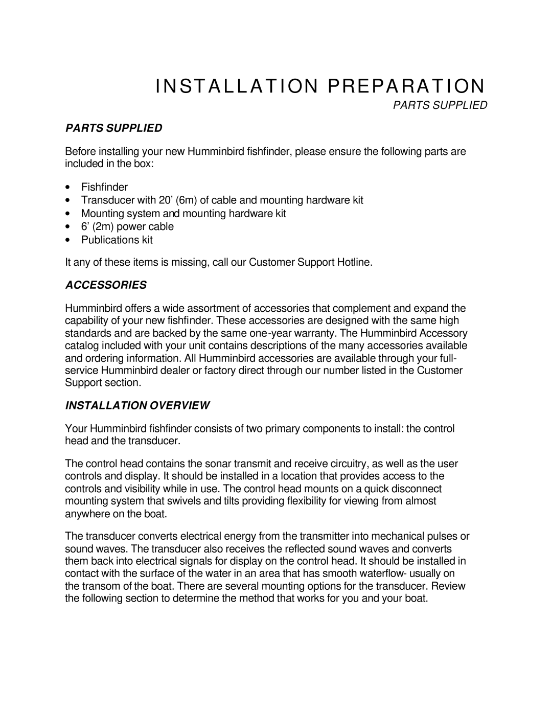 Humminbird 128 manual Parts Supplied, Accessories, Installation Overview 