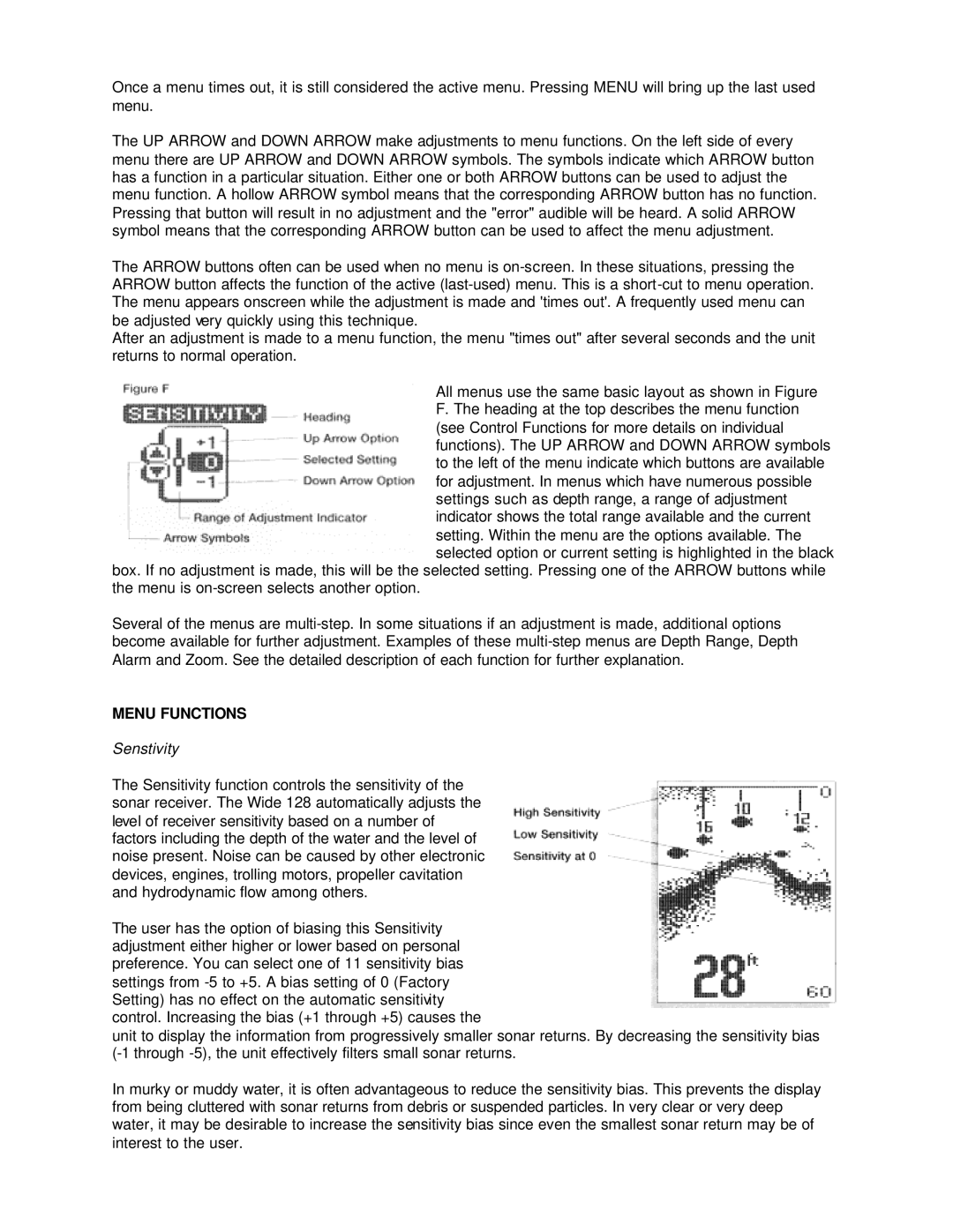 Humminbird 128 manual Menu Functions, Senstivity 