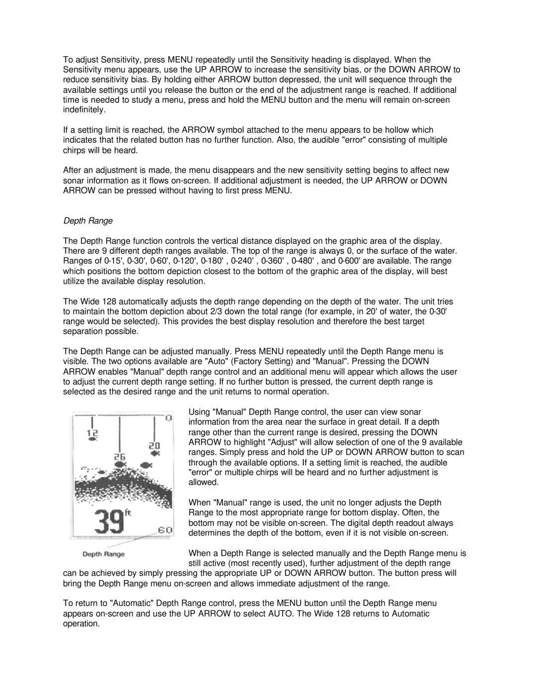 Humminbird 128 manual Depth Range 