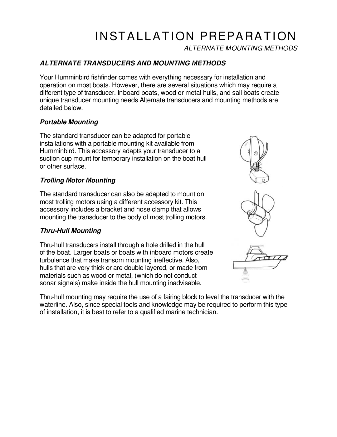 Humminbird 128 Alternate Transducers and Mounting Methods, Portable Mounting, Trolling Motor Mounting, Thru-Hull Mounting 