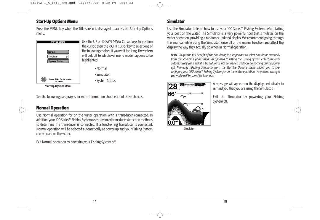 Humminbird 141c manual Start-Up Options Menu, Normal Operation, Simulator 