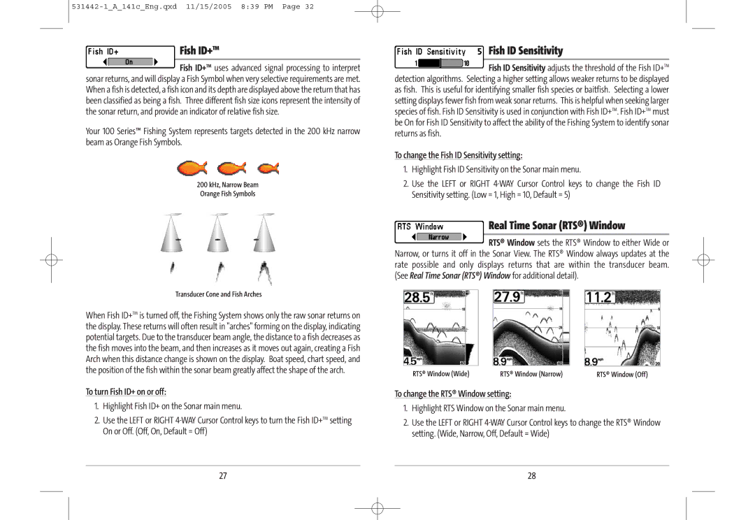 Humminbird 141c manual Fish ID+TM, To change the Fish ID Sensitivity setting, To turn Fish ID+ on or off 