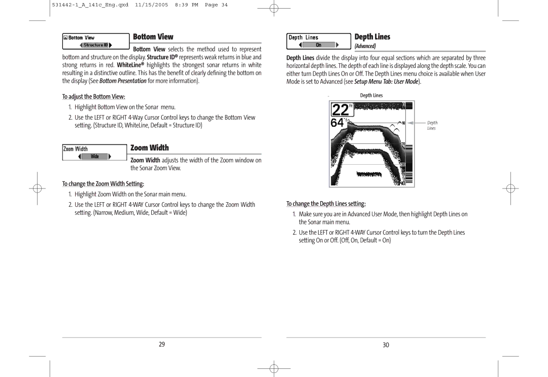 Humminbird 141c manual Bottom View, Zoom Width, Depth Lines 