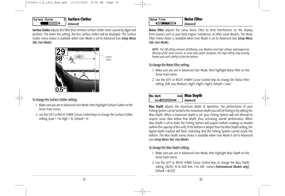 Humminbird 141c manual Surface Clutter, Noise Filter, Max Depth 