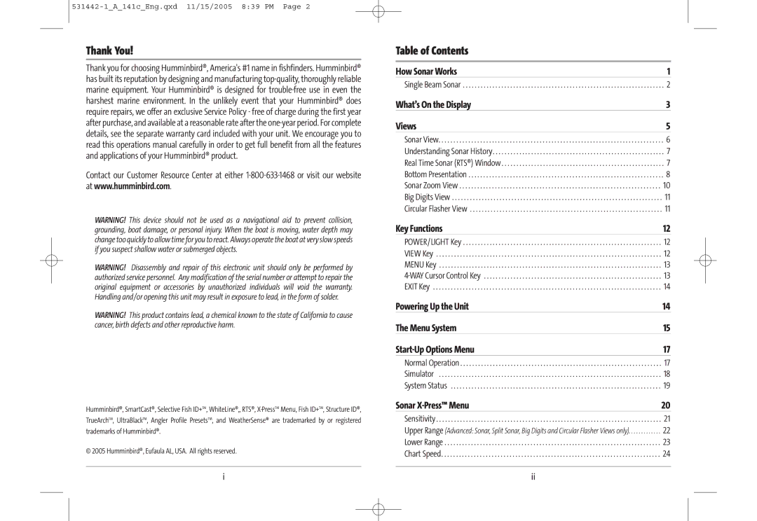 Humminbird 141c manual Thank You, Table of Contents 