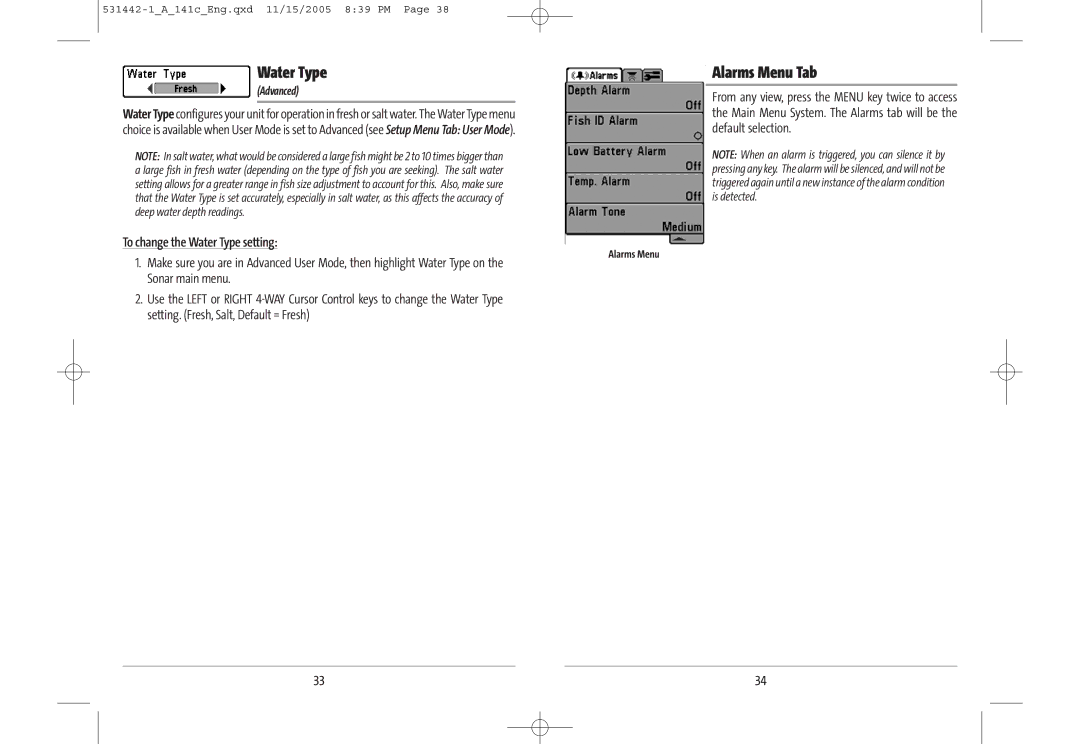 Humminbird 141c manual Alarms Menu Tab, To change the Water Type setting 