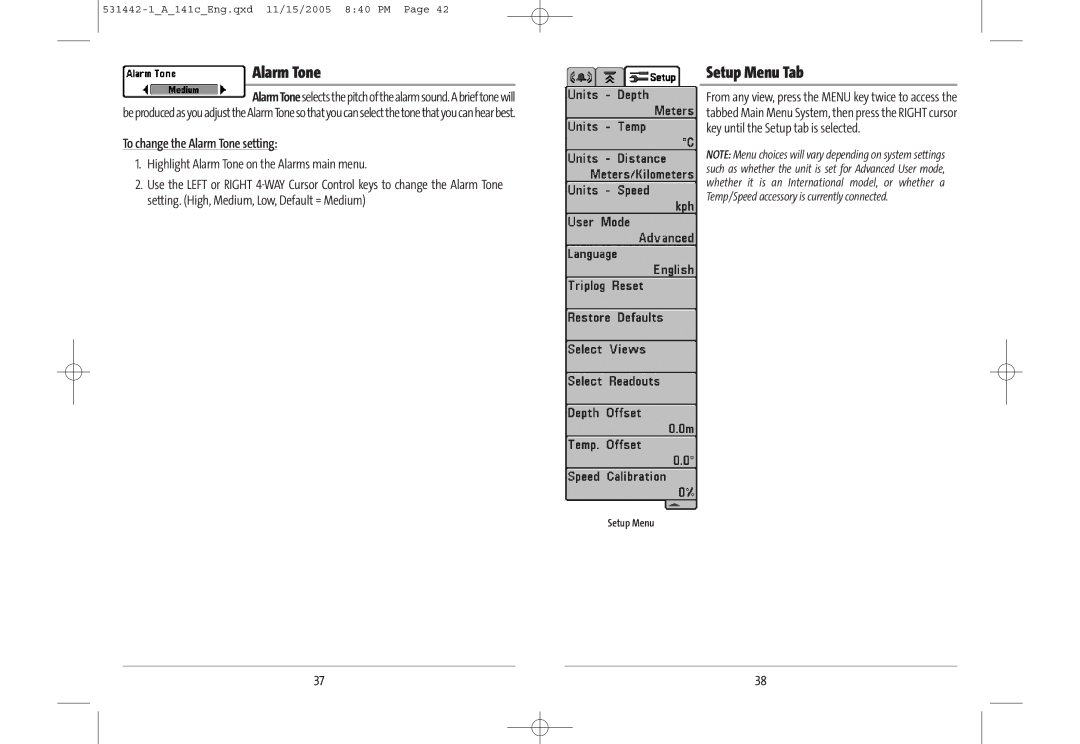 Humminbird 141c manual Setup Menu Tab, To change the Alarm Tone setting, Highlight Alarm Tone on the Alarms main menu 