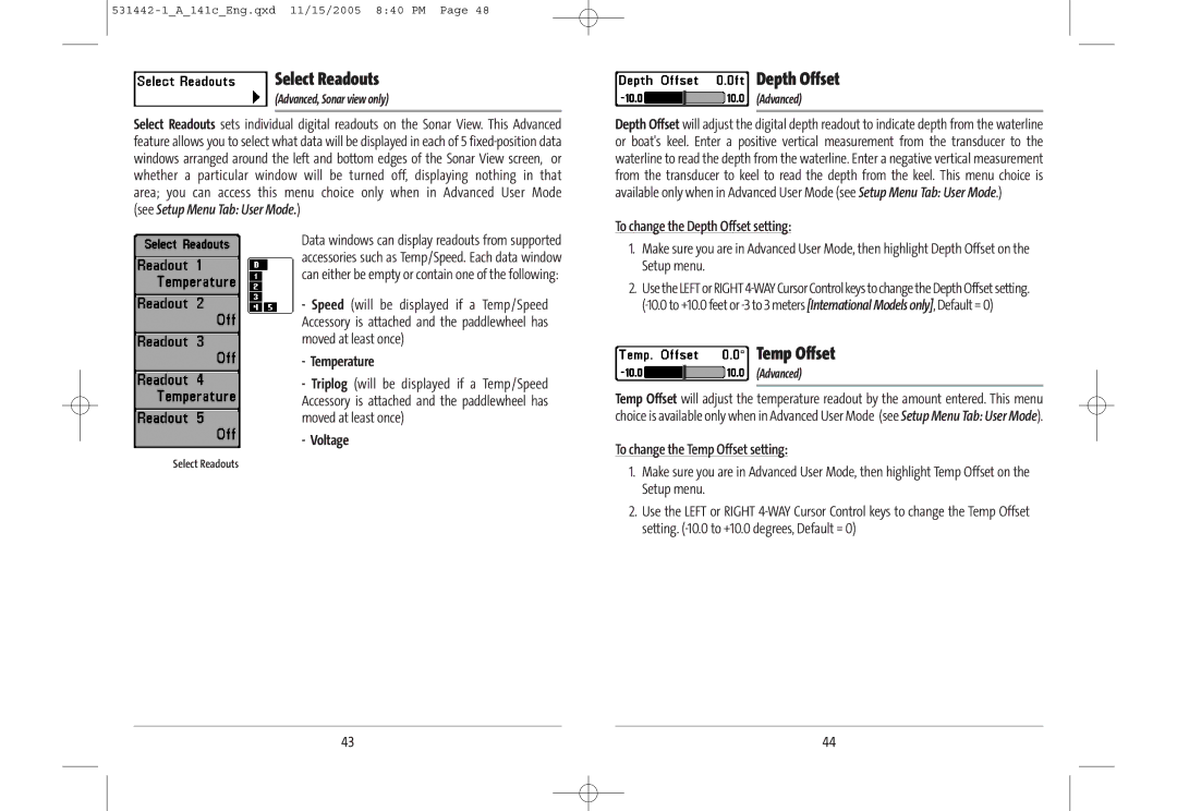 Humminbird 141c manual Select Readouts, Depth Offset, Temp Offset 