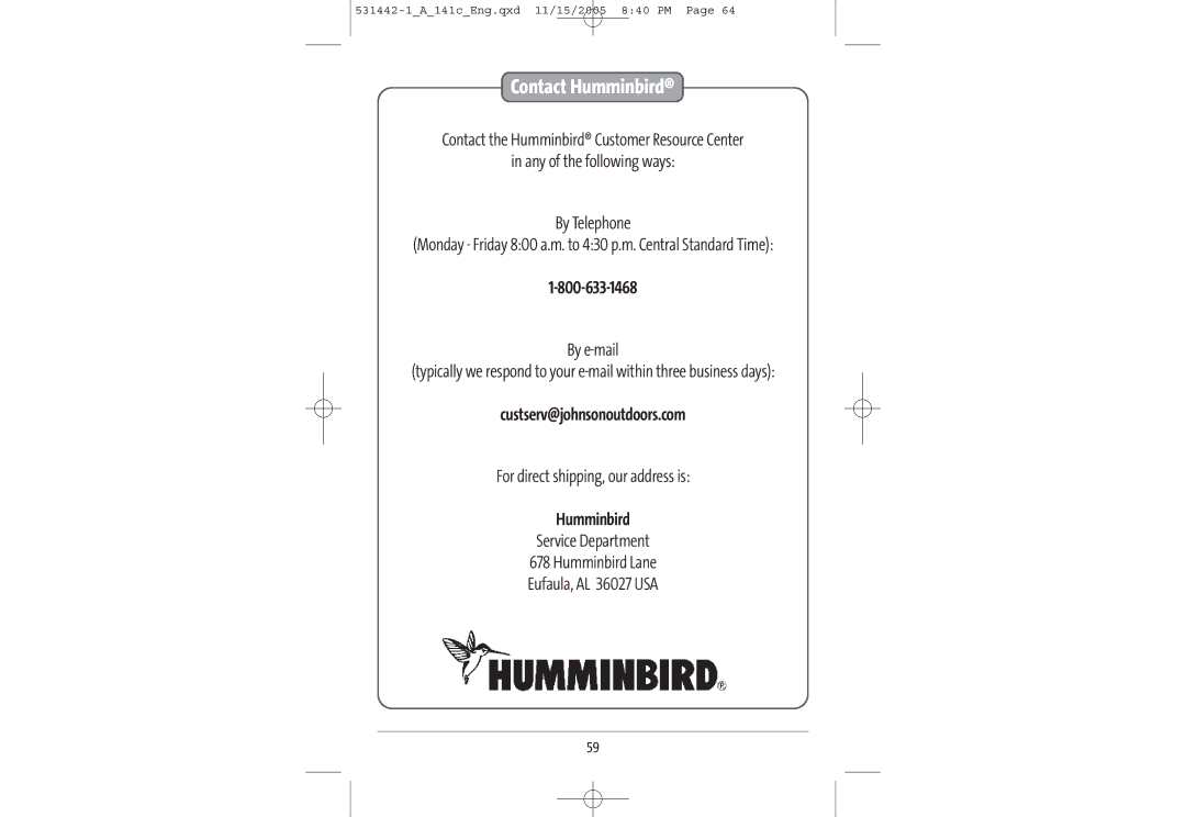 Humminbird 141c manual Contact Humminbird 