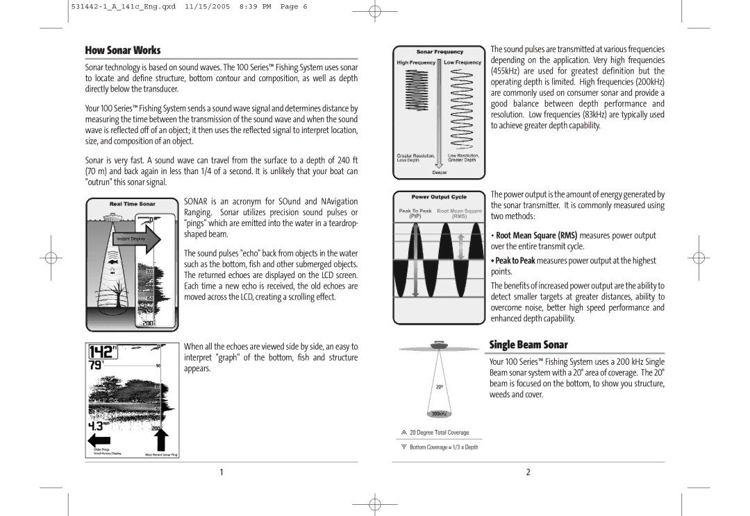 Humminbird 141c manual How Sonar Works, Single Beam Sonar, Peak to Peak measures power output at the highest points 