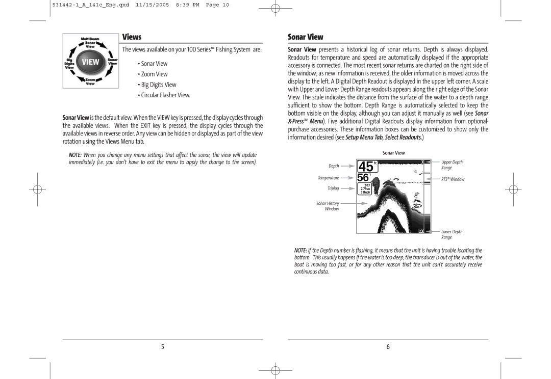 Humminbird 141c manual Views, Sonar View Zoom View Big Digits View Circular Flasher View 