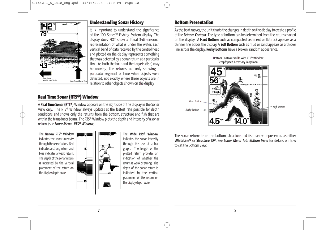 Humminbird 141c manual Understanding Sonar History, Real Time Sonar RTS Window, Bottom Presentation 