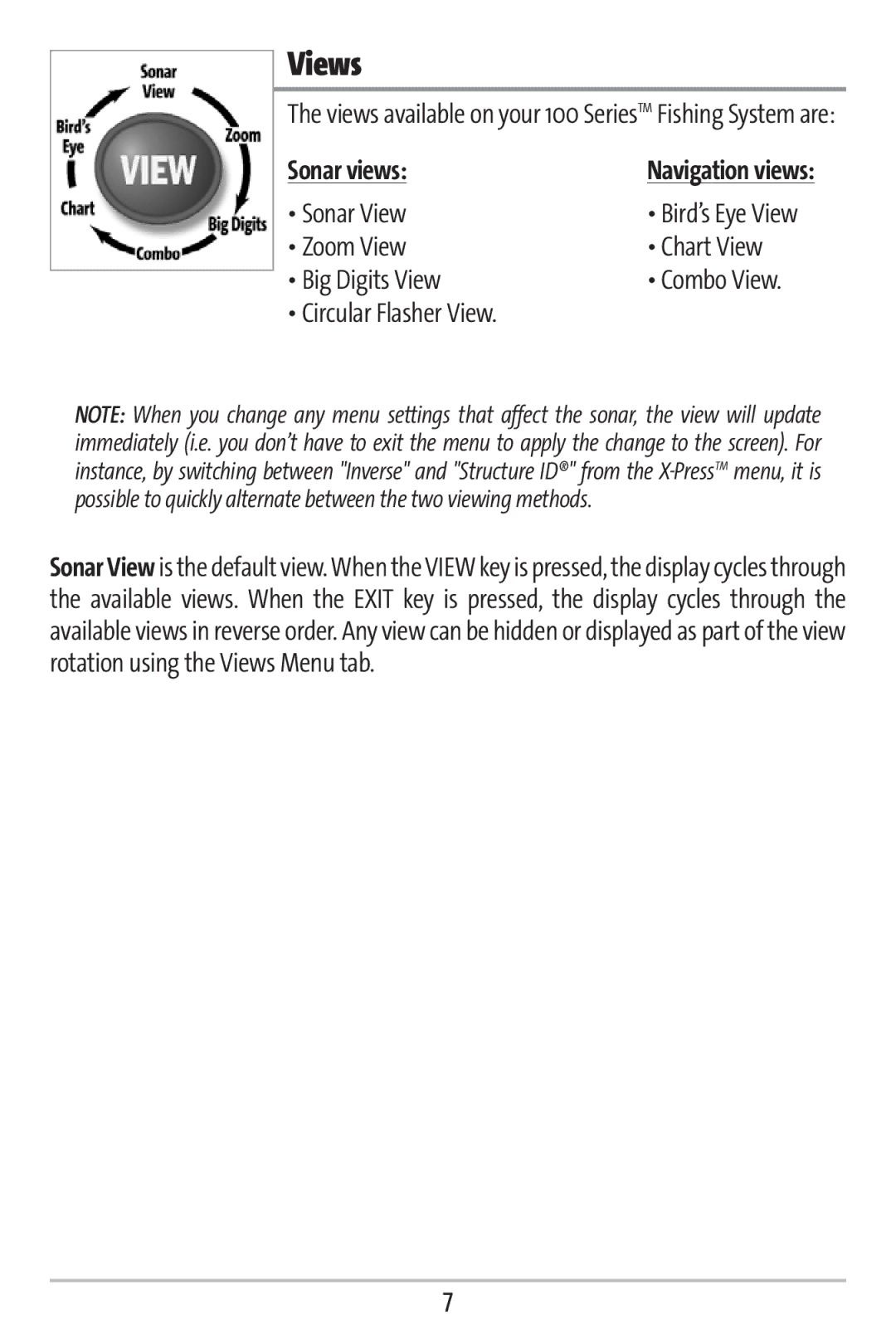 Humminbird 161 manual Views, Sonar views, Sonar View, Zoom View Chart View Big Digits View, Circular Flasher View 