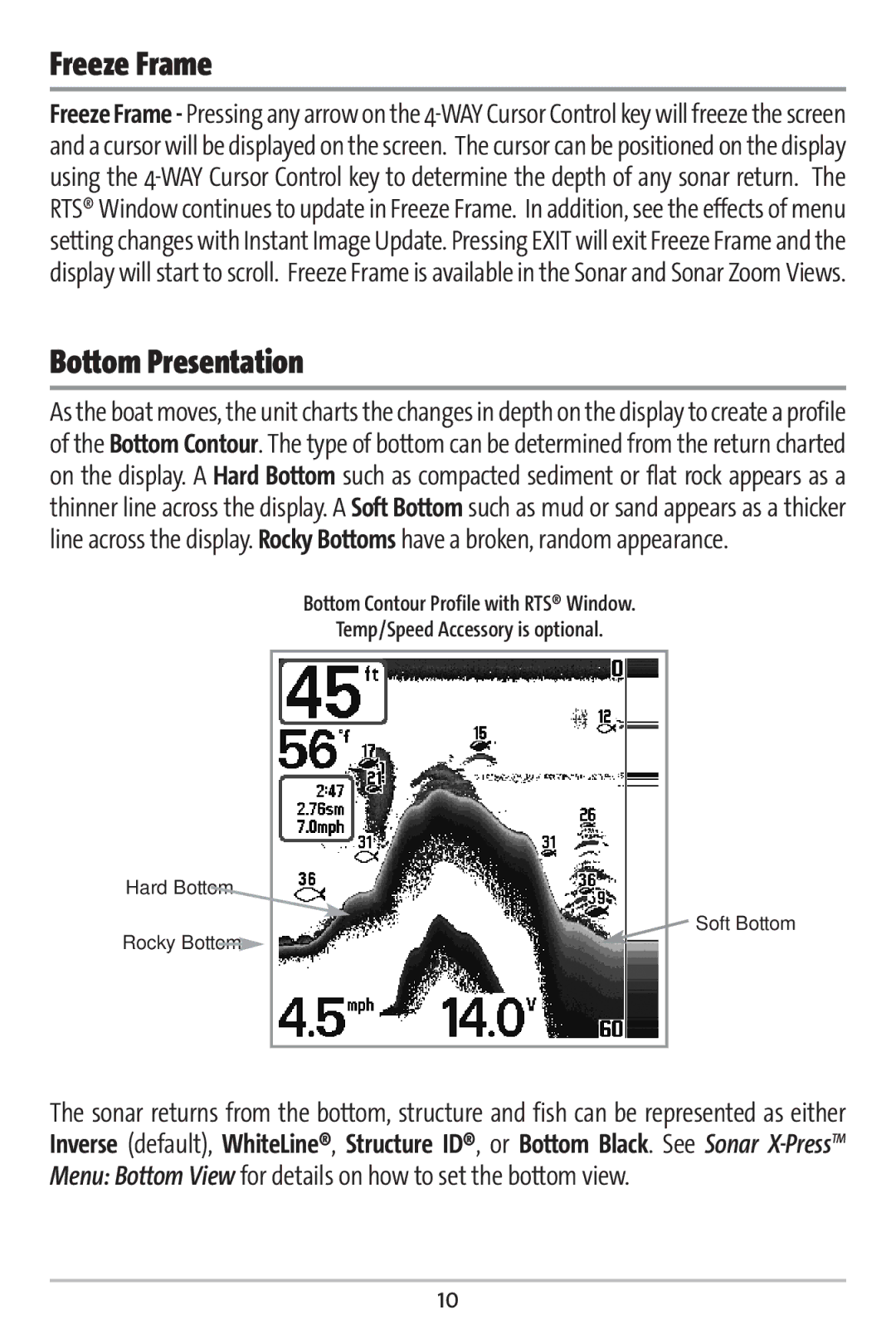 Humminbird 161 manual Freeze Frame, Bottom Presentation 