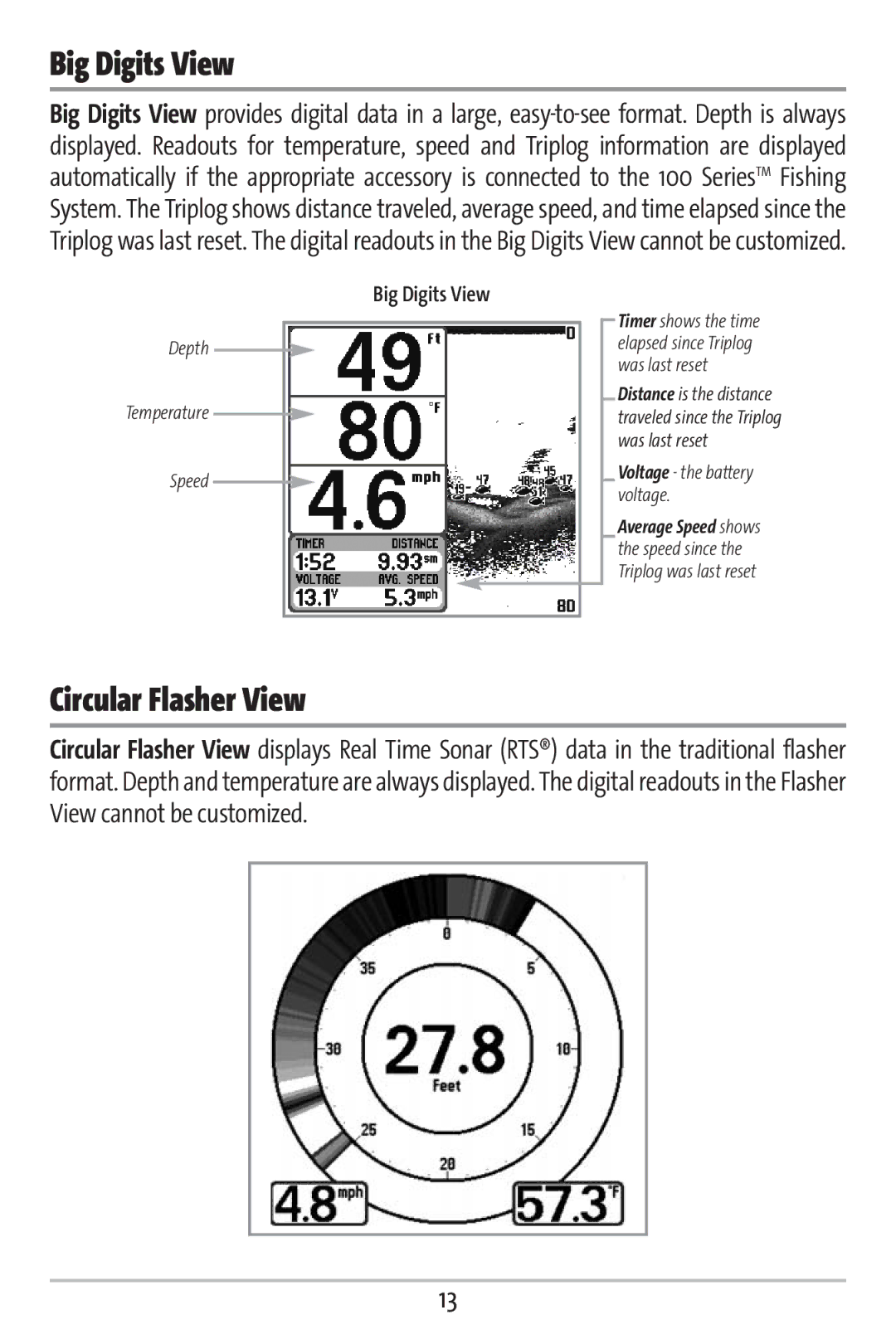 Humminbird 161 manual Big Digits View, Circular Flasher View 