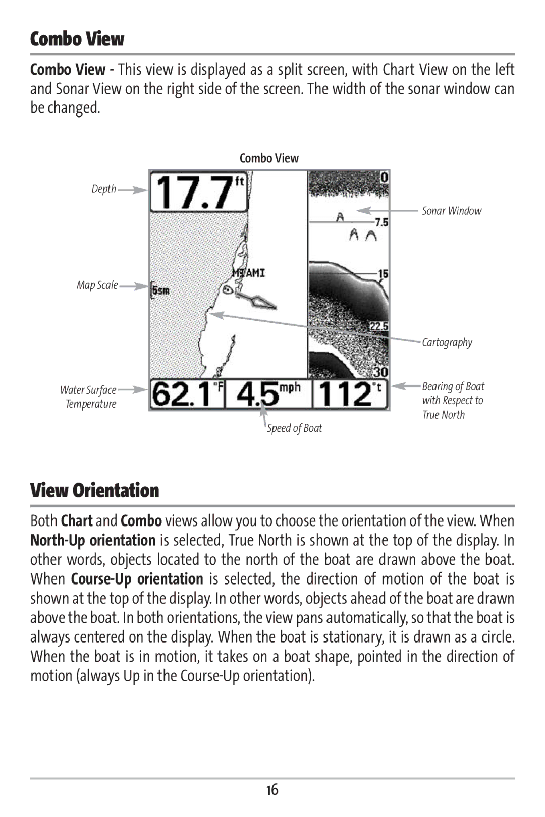 Humminbird 161 manual Combo View, View Orientation 