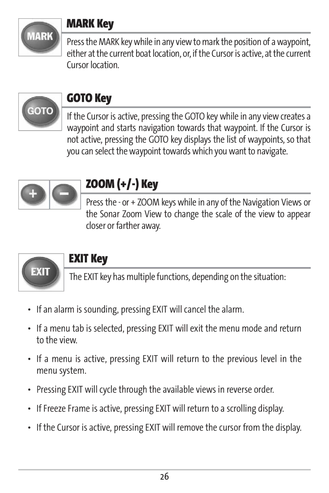 Humminbird 161 manual Mark Key, Goto Key, Zoom +/- Key, Exit Key 