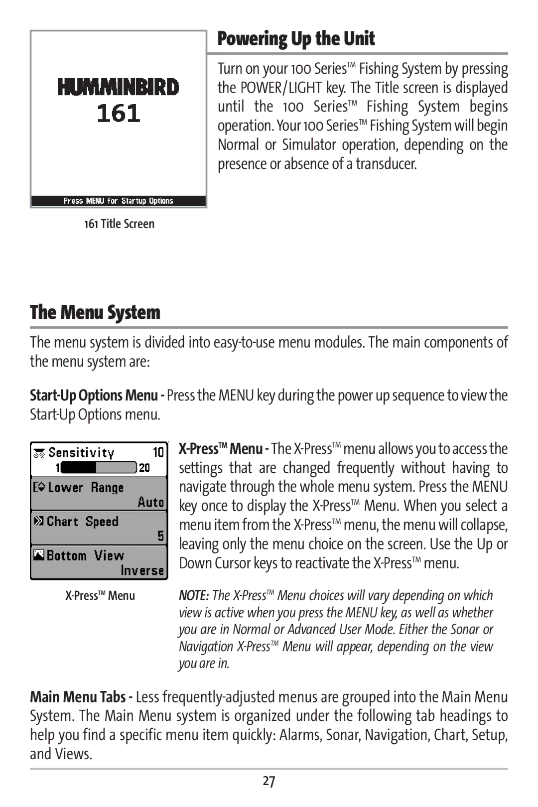 Humminbird 161 manual Powering Up the Unit, Menu System 