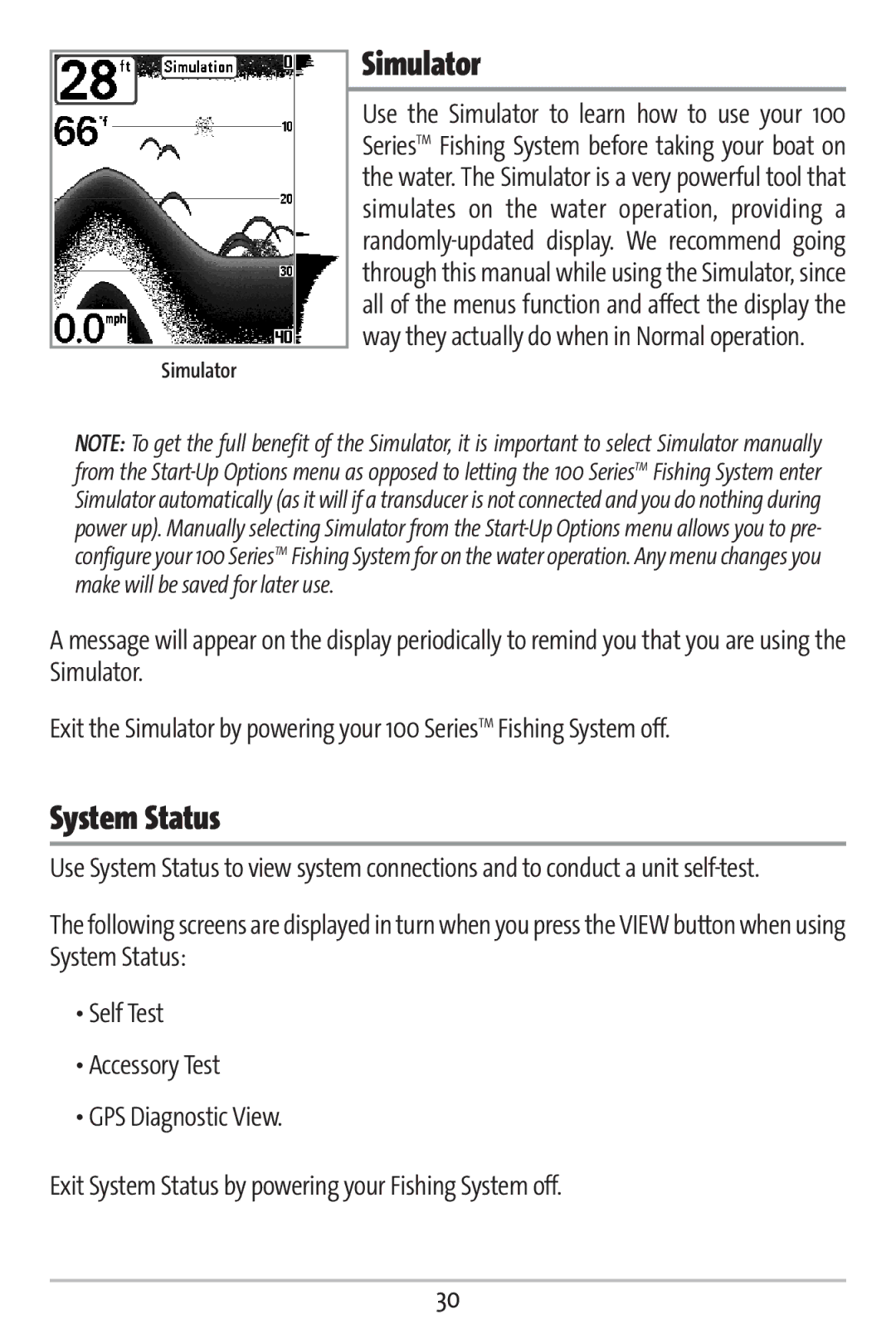 Humminbird 161 manual Simulator, System Status 