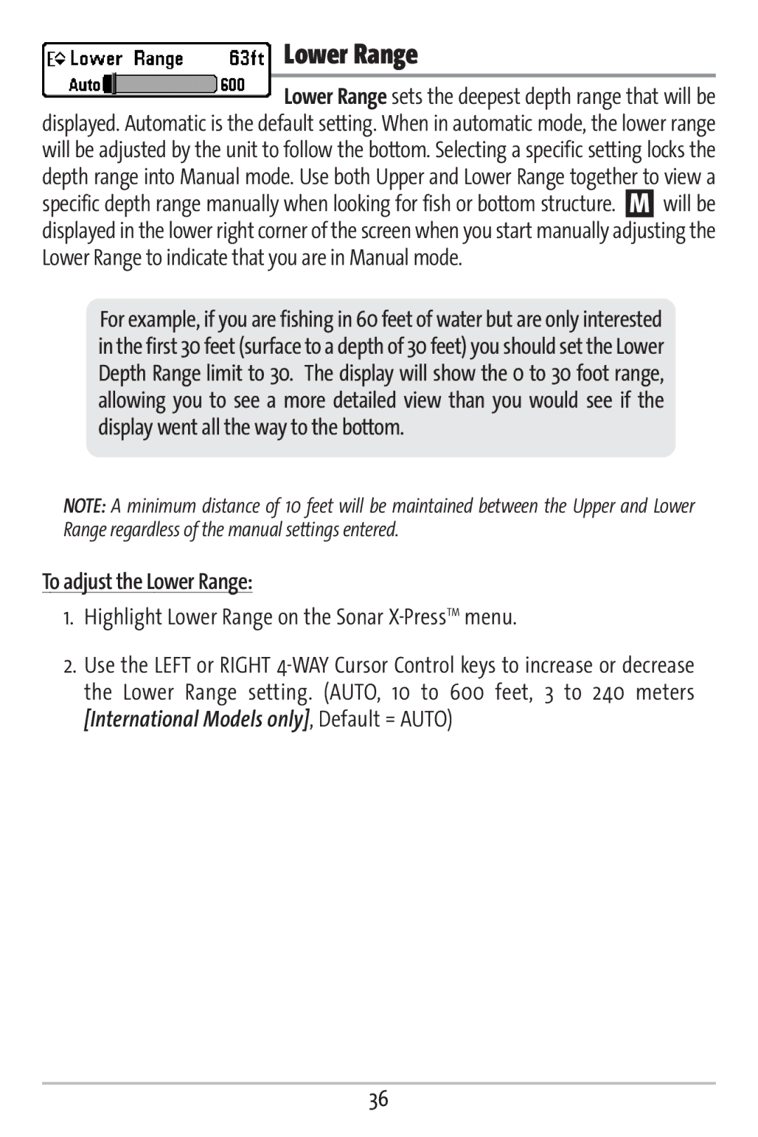 Humminbird 161 manual To adjust the Lower Range, Highlight Lower Range on the Sonar X-PressTMmenu 