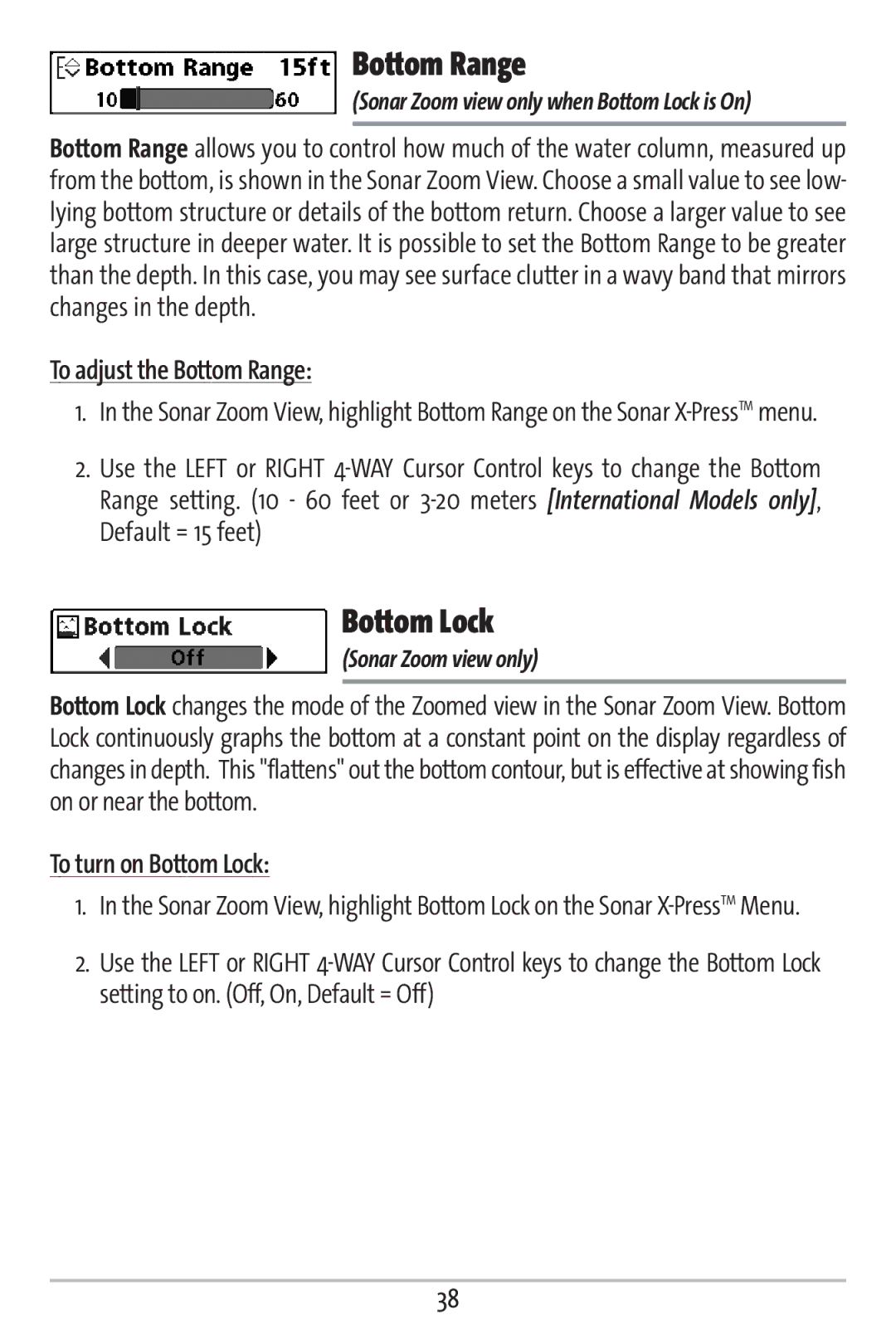 Humminbird 161 manual To adjust the Bottom Range, To turn on Bottom Lock, Sonar Zoom view only 