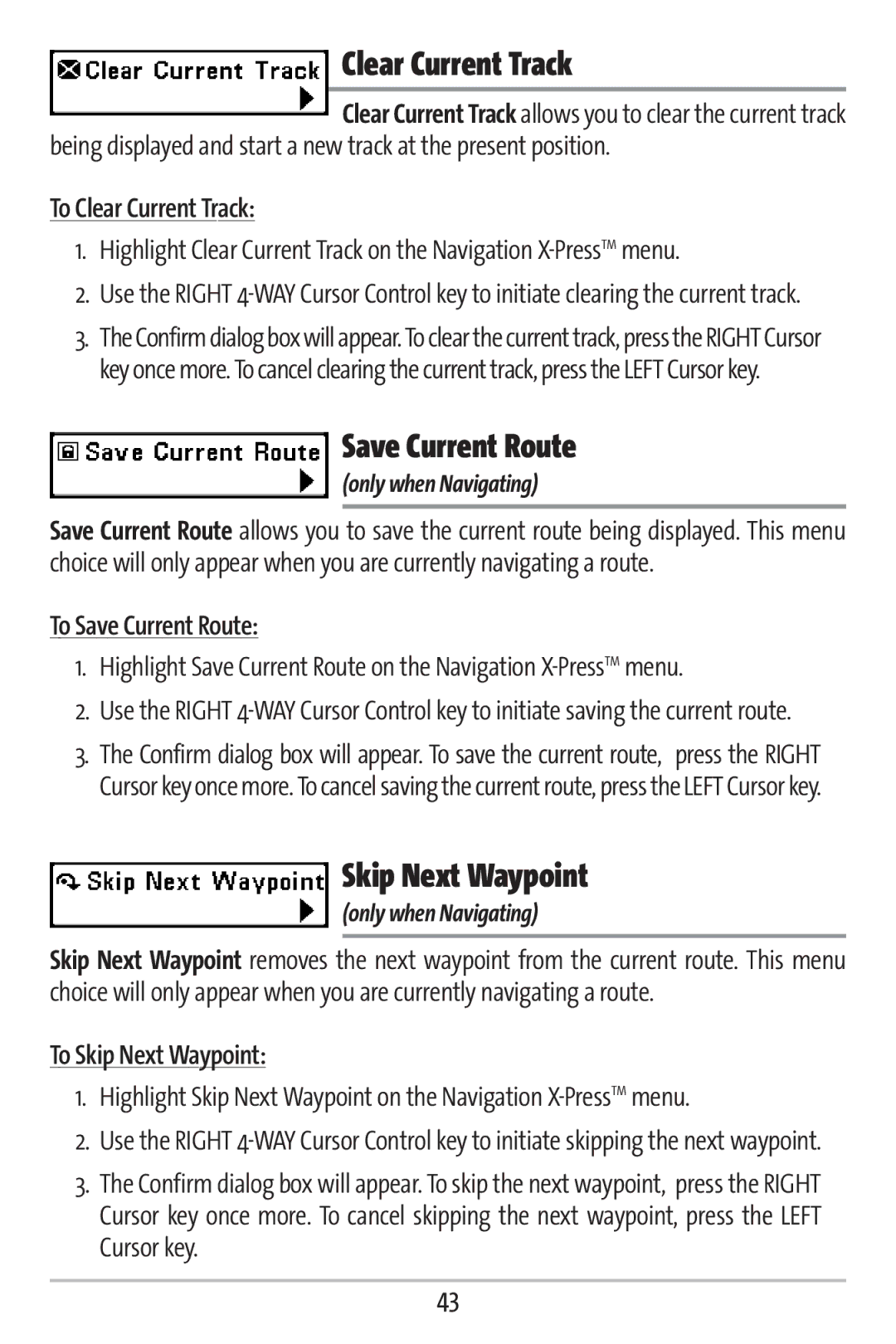 Humminbird 161 manual Clear Current Track, Save Current Route, Skip Next Waypoint 