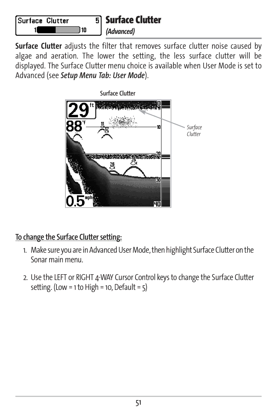 Humminbird 161 manual To change the Surface Clutter setting 